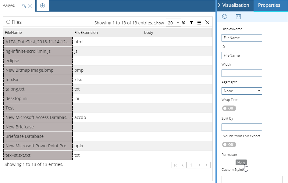 formatter option on fields tab