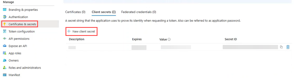 Client Secret Update Certificates and Secrets