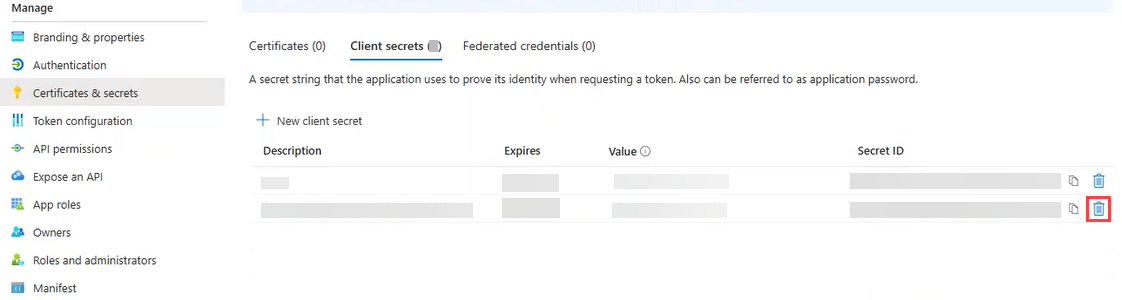 Client Secret Update Delete Client Secret